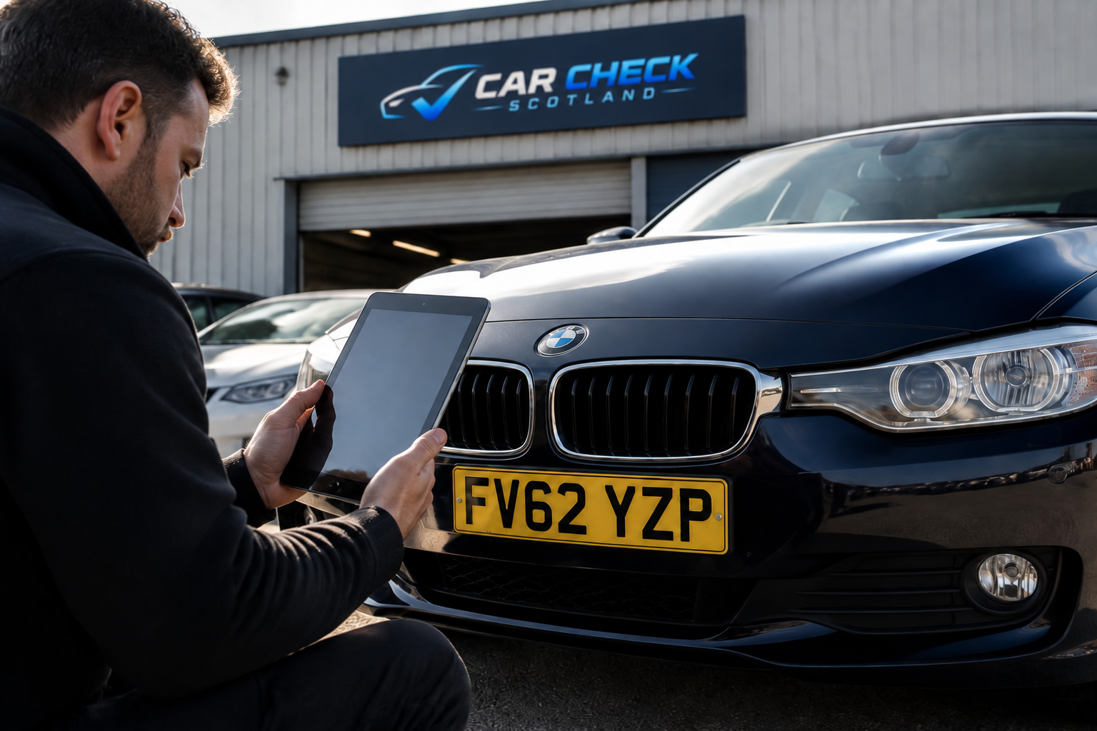 Buyer using a tablet while inspecting a used car