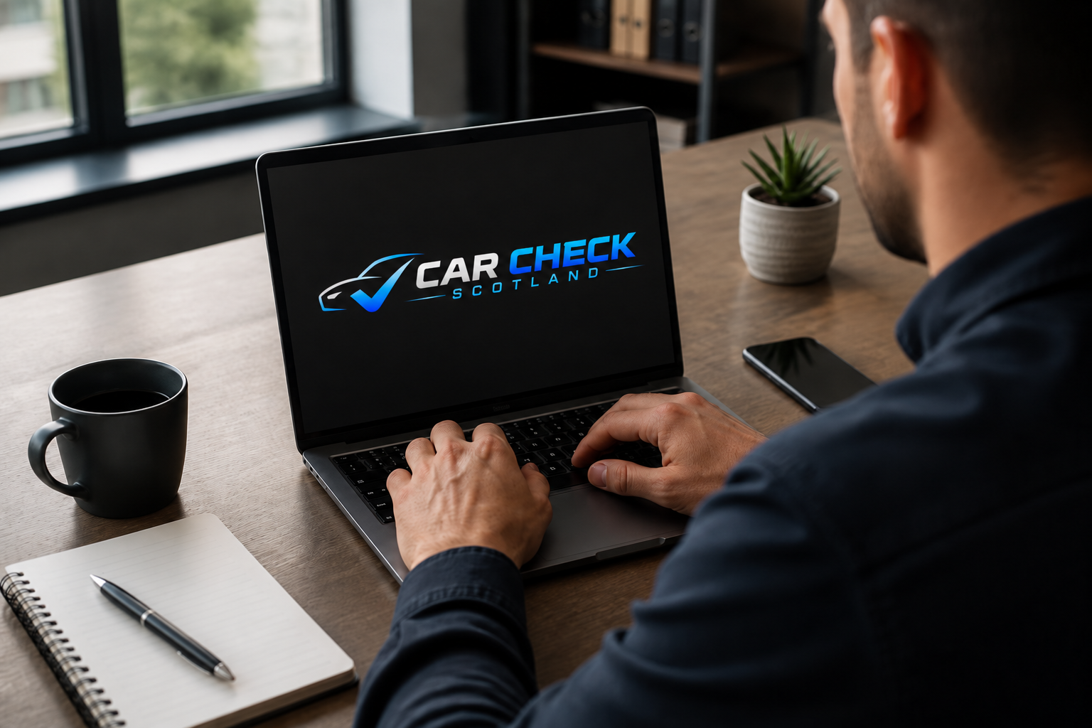 Buyer using a laptop to check vehicle information before purchase