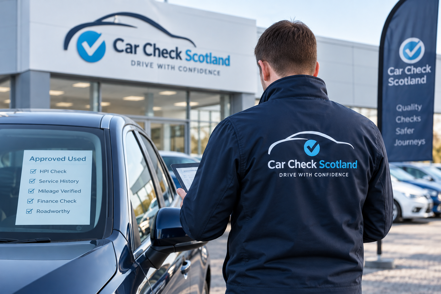 Vehicle check being carried out beside a used car at a dealership