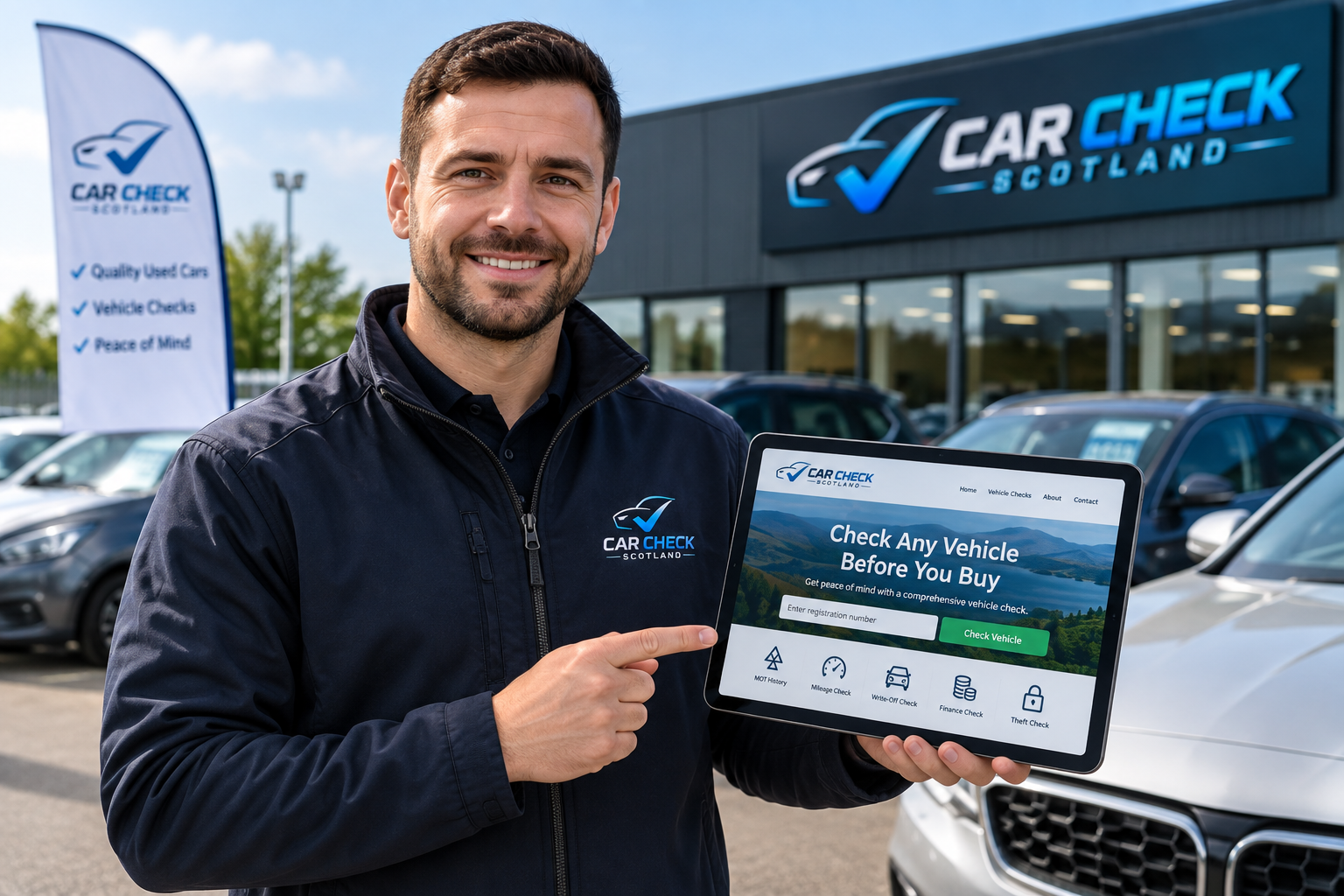 Used-car dealership forecourt with a range of vehicles