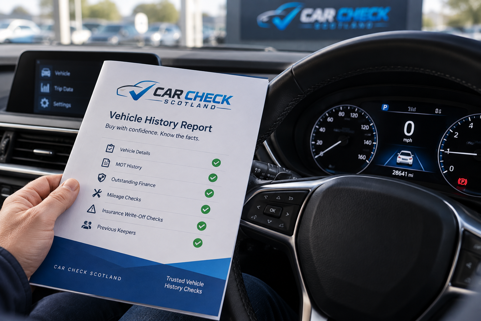 Vehicle history report shown beside a dashboard mileage display