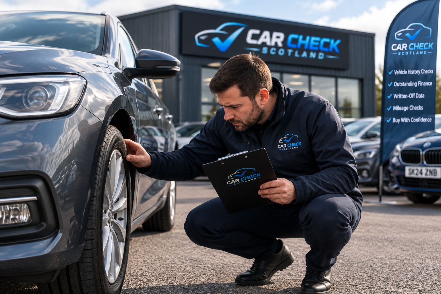 Buyer carrying out a wheel and tyre inspection before purchasing a used car