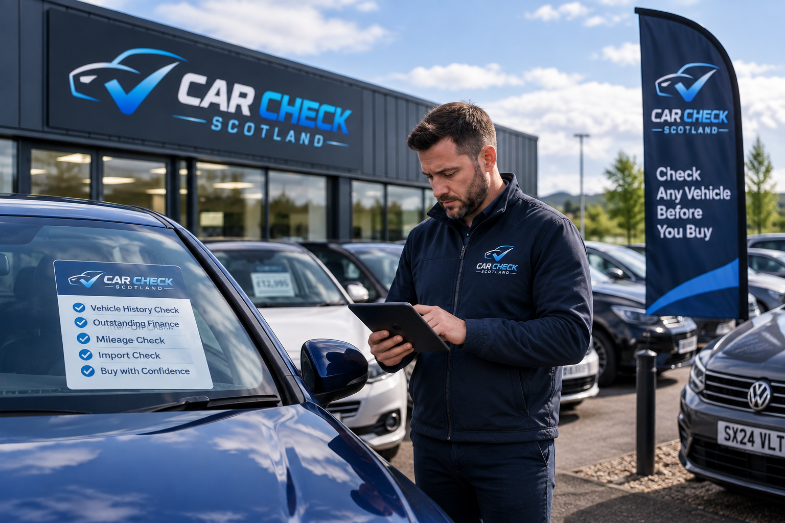 Buyer checking vehicle details beside a used car at a dealership