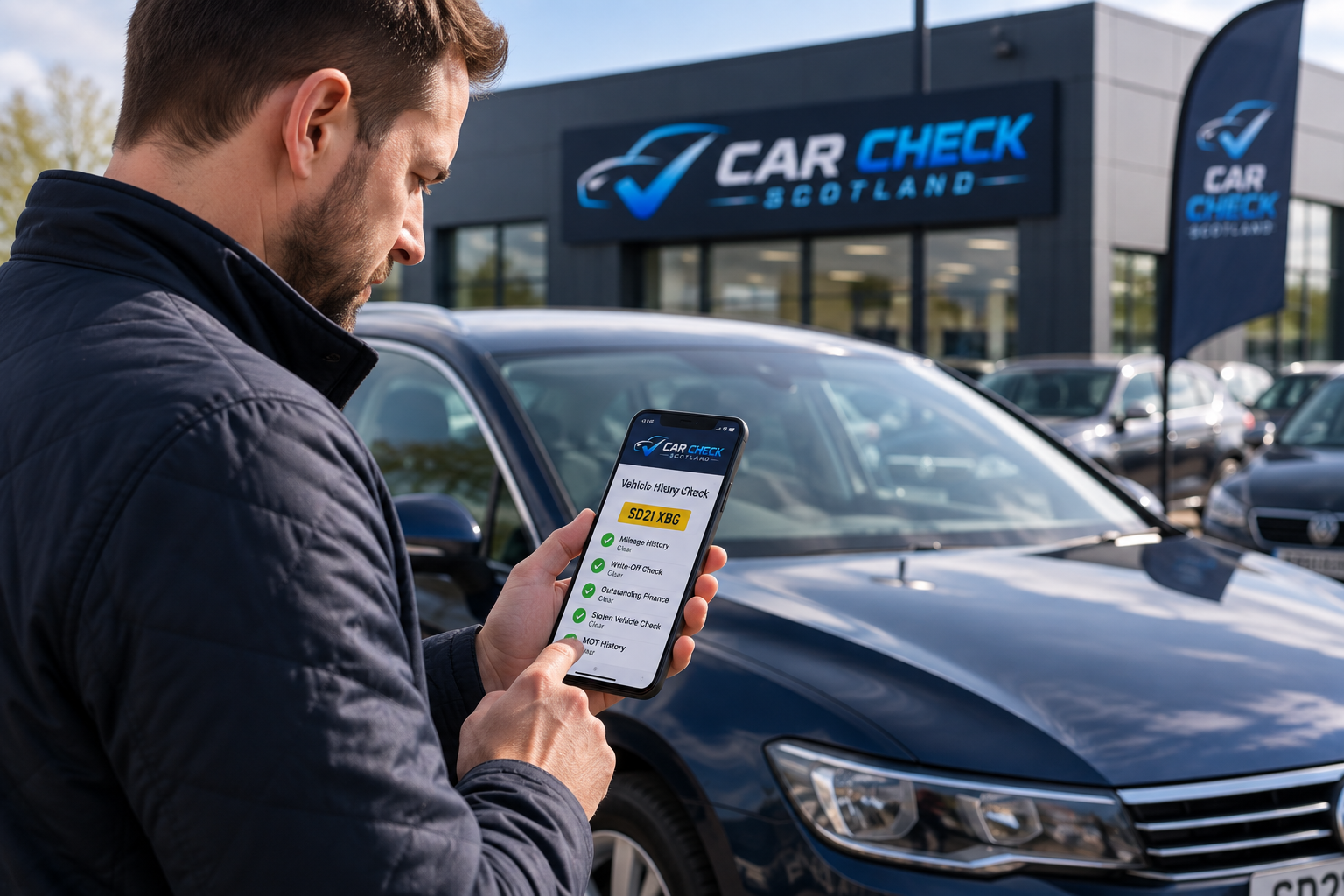 Vehicle check result displayed on a smartphone beside a used car