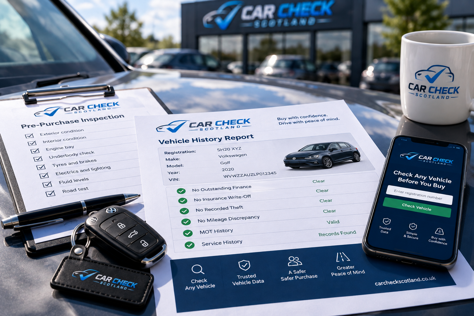 Vehicle history and finance check being reviewed beside a used car