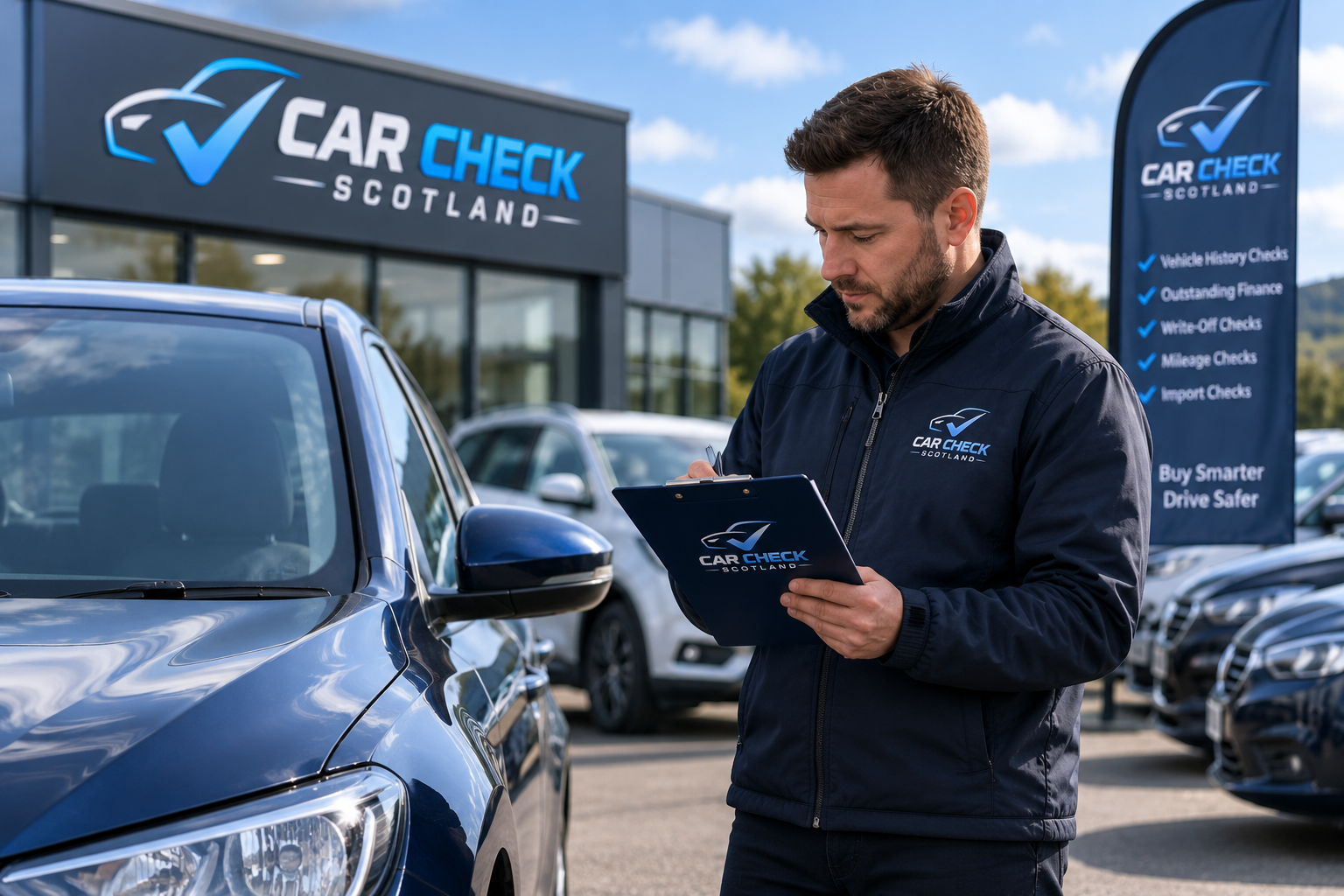 Motor trader inspecting a vehicle on a dealership forecourt with a clipboard