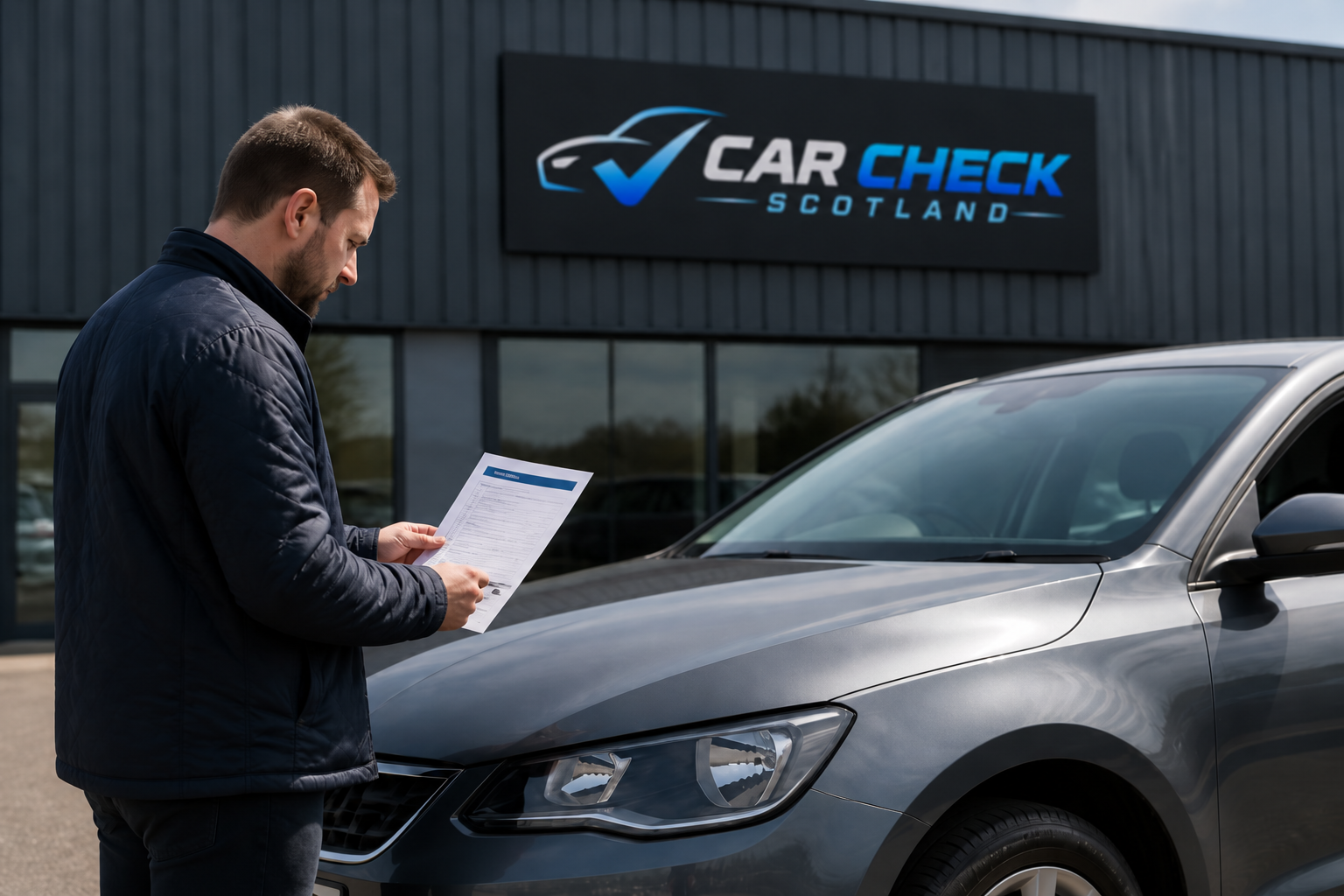 Buyer reviewing vehicle information beside a used car before purchase