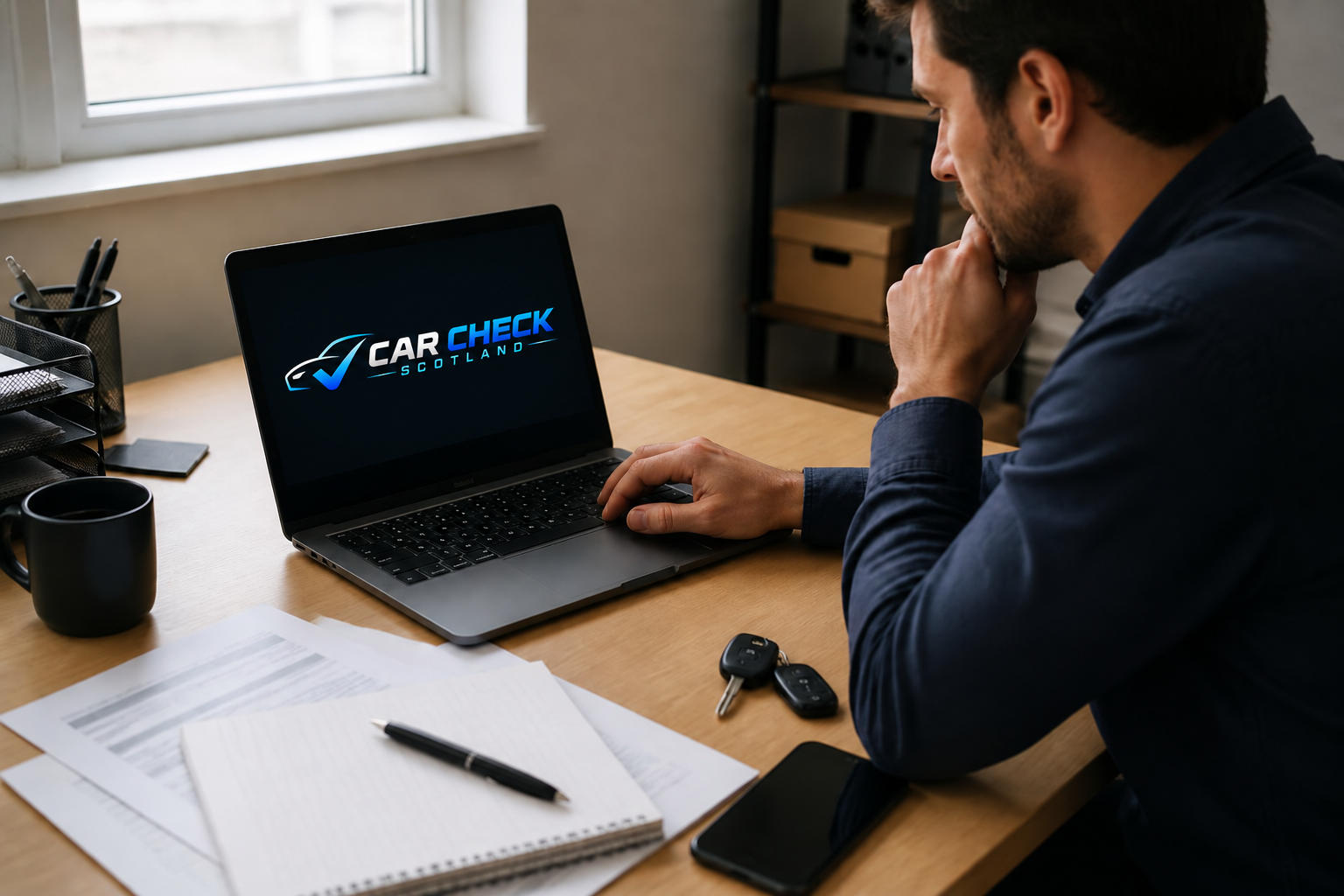 Buyer researching a vehicle online from a home office