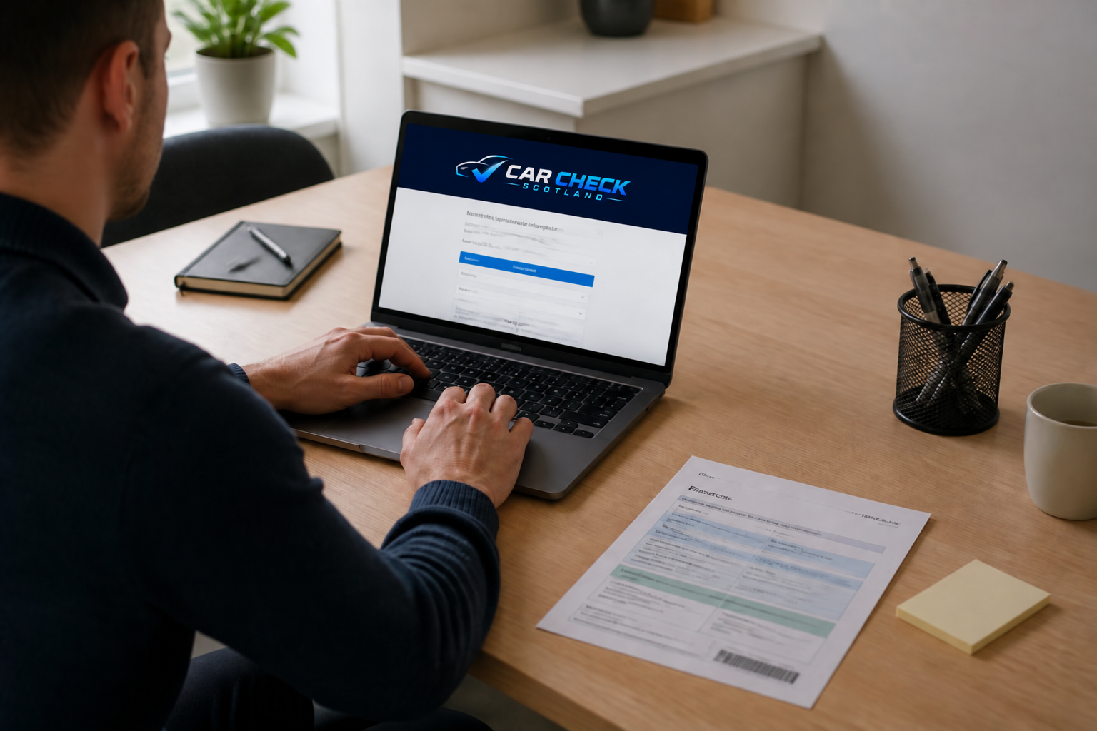 Car Check Scotland account login displayed on a laptop in a home office