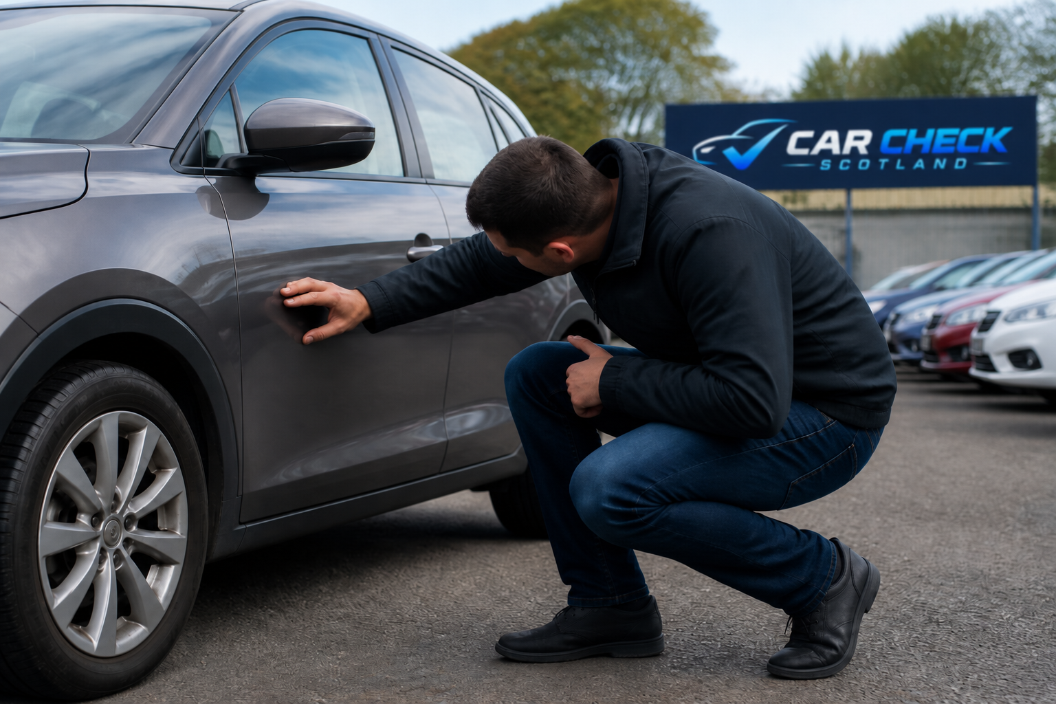 Buyer inspecting the exterior condition of a used car before purchase