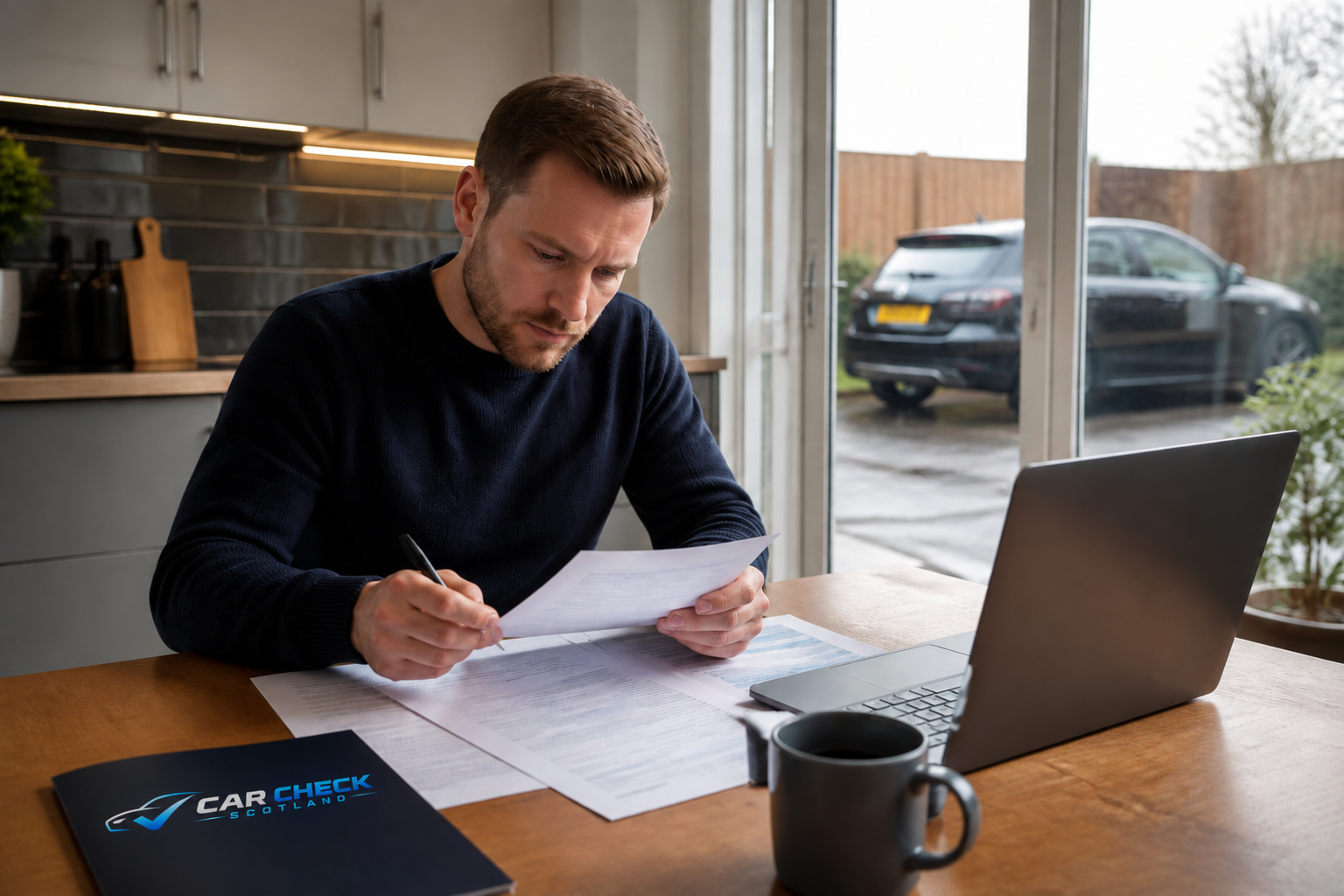 Person reviewing car finance paperwork at a table
