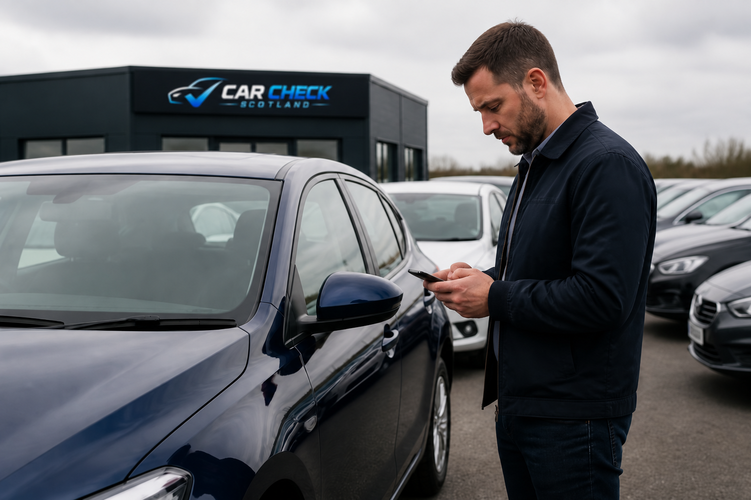 Used-car buyer checking vehicles on a dealership forecourt