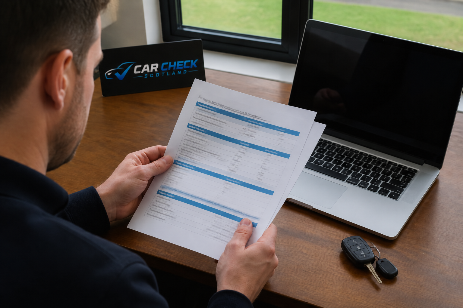 Person reviewing a printed vehicle history report with a laptop nearby