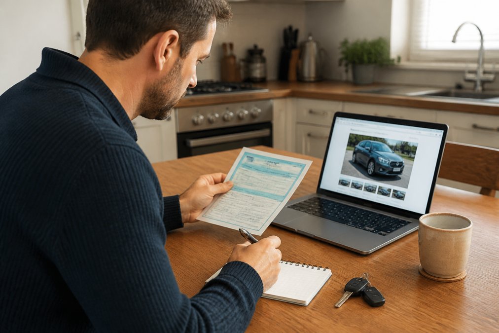 Person reviewing a used-car listing and vehicle paperwork at a kitchen table