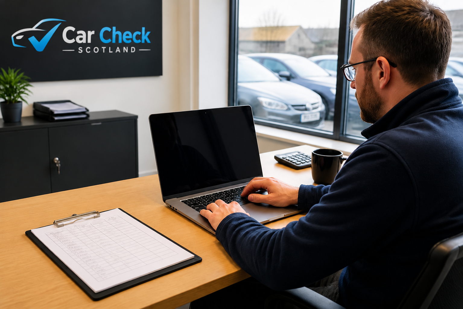 Fleet or motor-trade operator reviewing vehicle records in an office