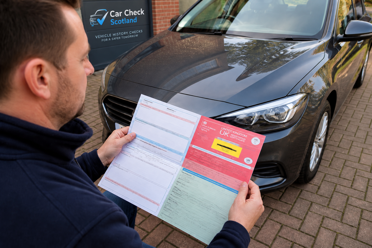 Person checking a V5C beside a used vehicle