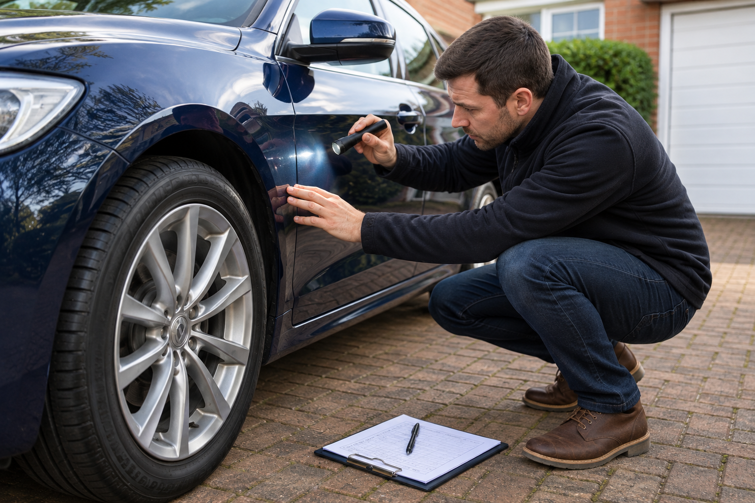 Person inspecting the bodywork of a used car with a torch and checklist