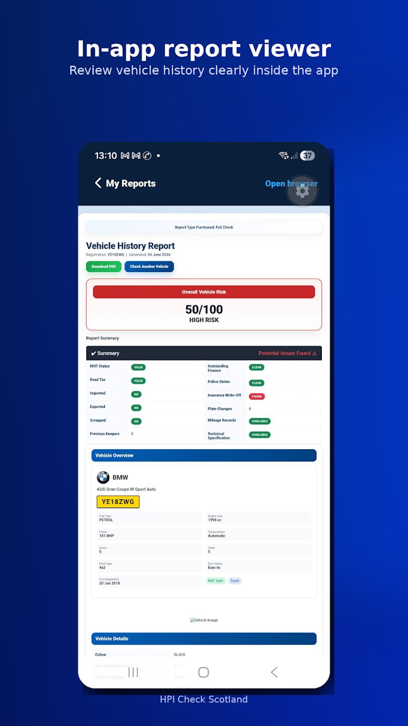 View a vehicle history report in the Car Check Scotland app