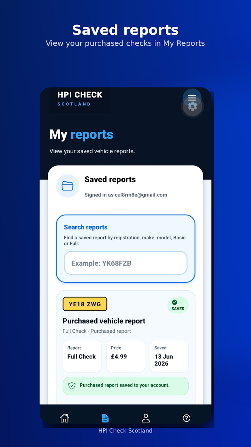 Saved vehicle reports in the Car Check Scotland app